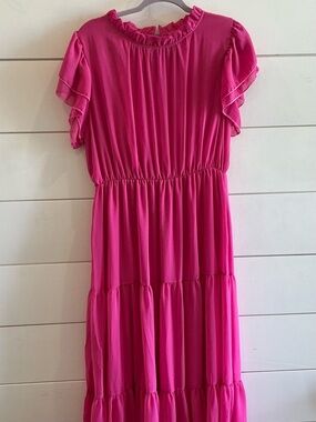 Women's Tiered Flutter Sleeve Maxi Dress in Hot Pink